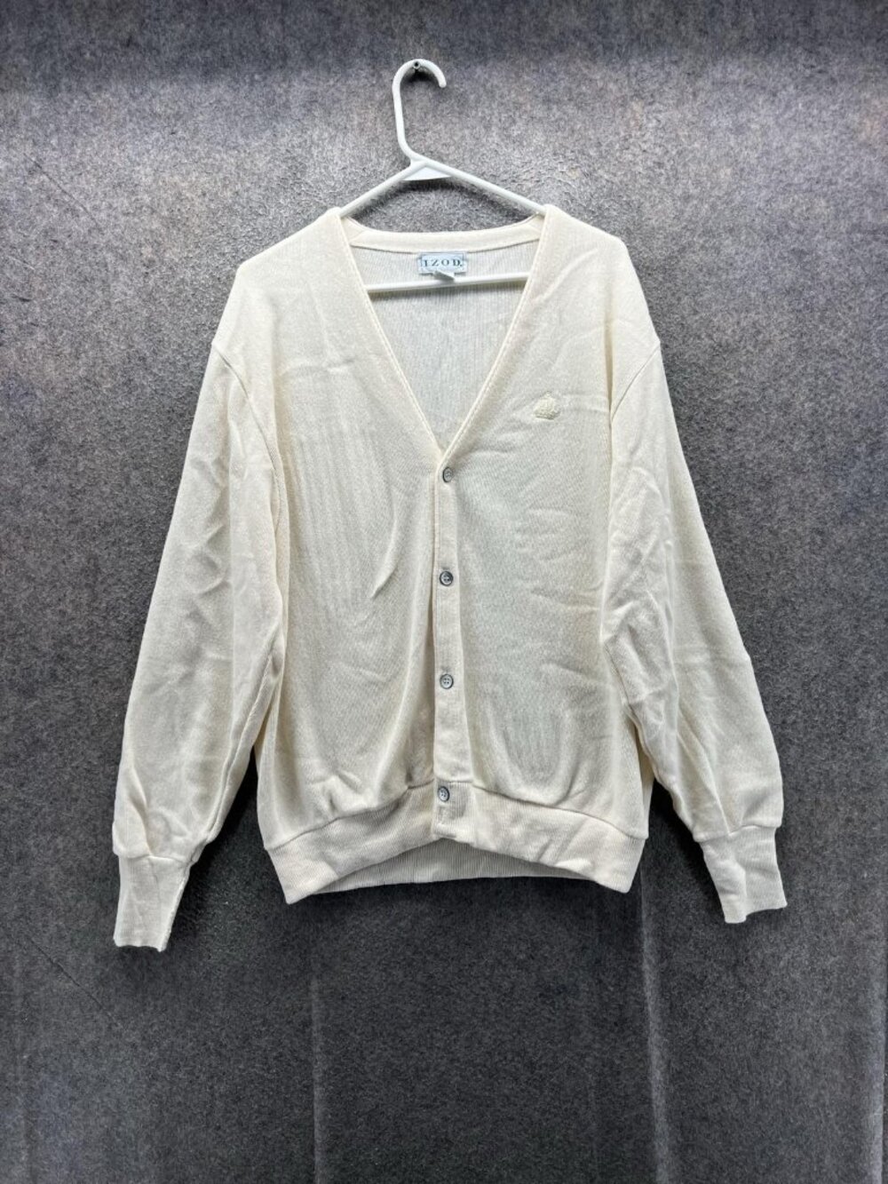 IZOD Sweater Men Large White V Neck Button Cardigan Acrylic Knit Logo Casual